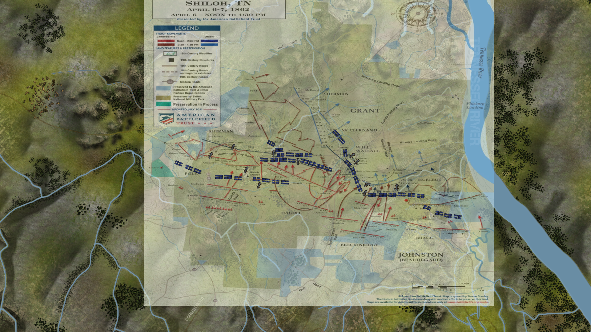 Shiloh map overlay with troop movements and historical map reference