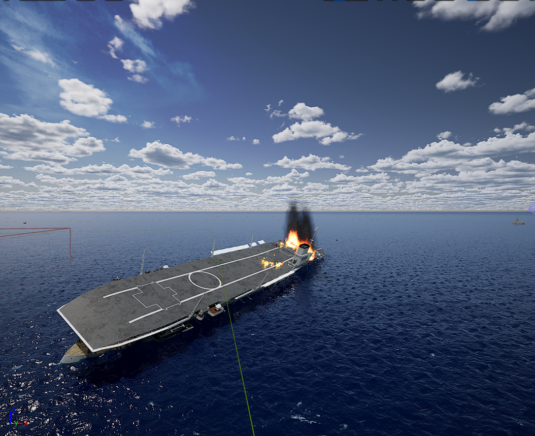 Unreal Engine scene of an aircraft carrier burning at sea